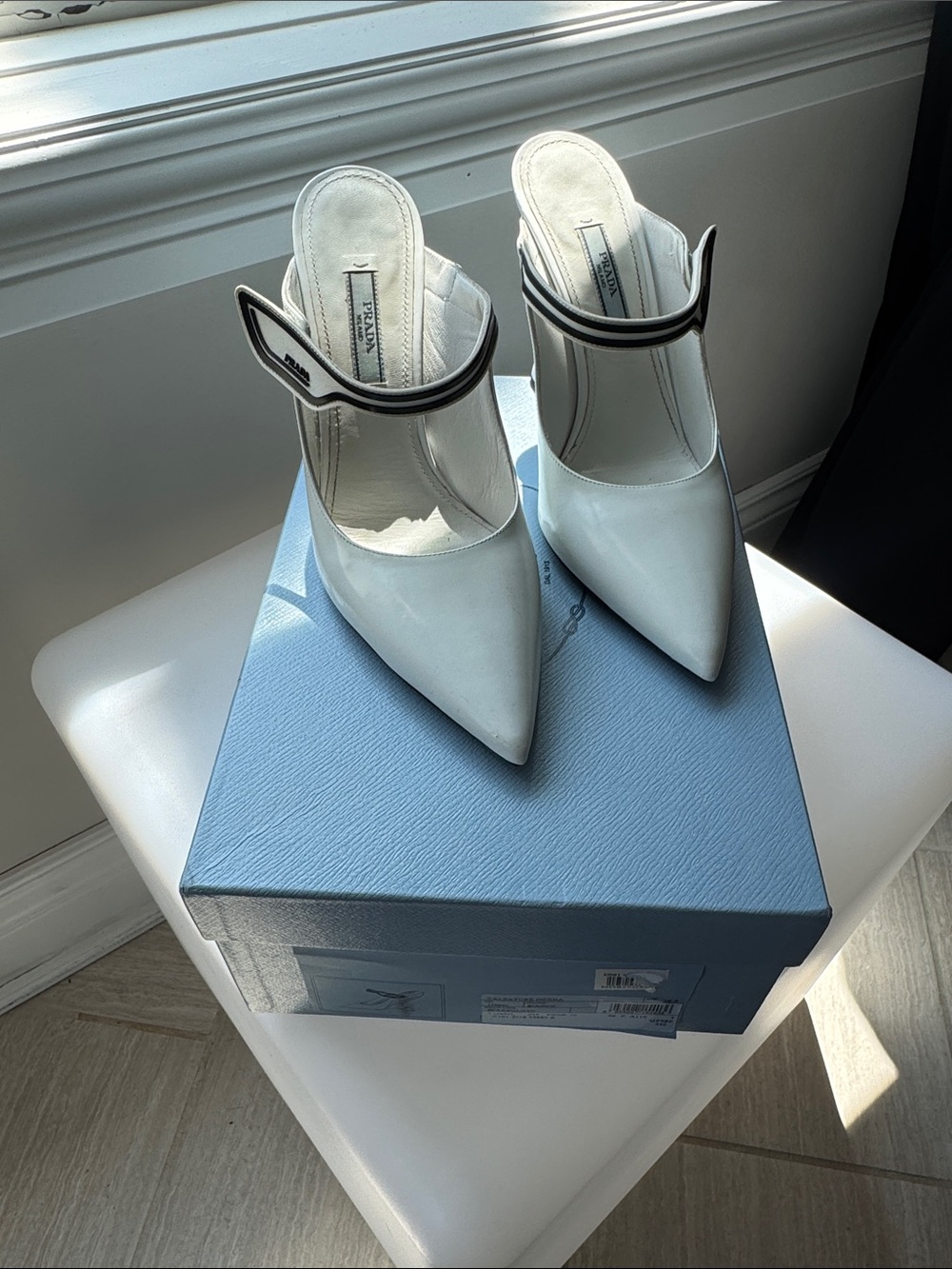 Prada White Pointed Mule with Black-Trim Strap